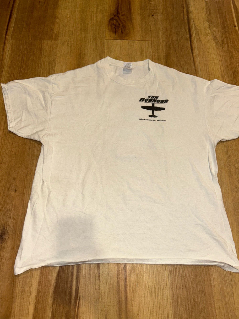 Gildan Vintage White Crew Neck T-Shirt with Small Black Chest Graphic